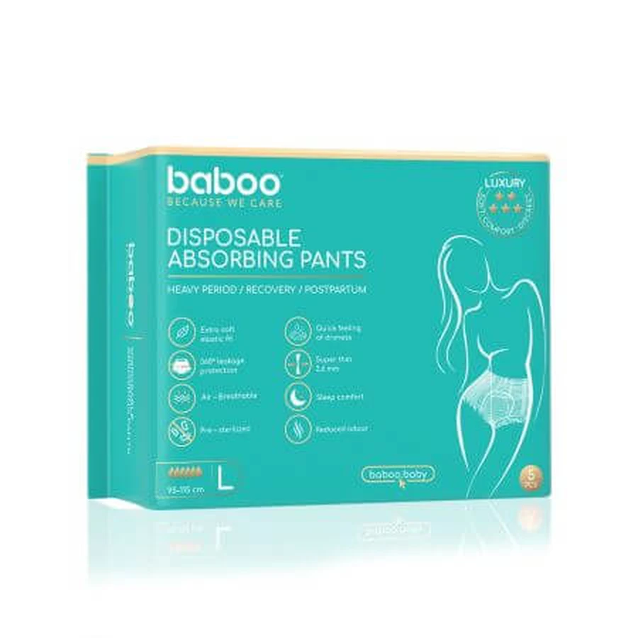 Set of disposable absorbent panties, Size L, 5 pieces, Baboo