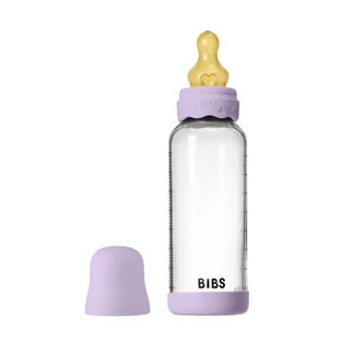 Set completo Boheme 240 ml biberón de vidrio anticólico con tetina de látex de flujo medio, Violet Sky, Baberos