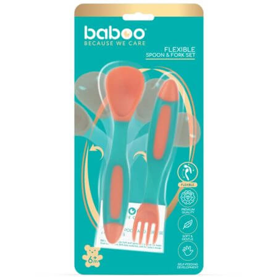 Flexibles Löffel- und Gabelset, Orange/Grün, 6 Monate+, Baboo