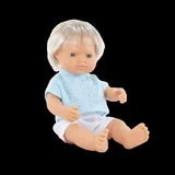 Pop My friends & Me, blonde Kaukasische jongen met blauw t-shirt, 38 cm, 10 maanden+, Miniland