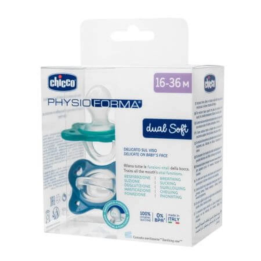 Anatomischer Schnuller PhysioForma Dual Soft, Blau, 16-36 Monate, 2 Stück, Chicco