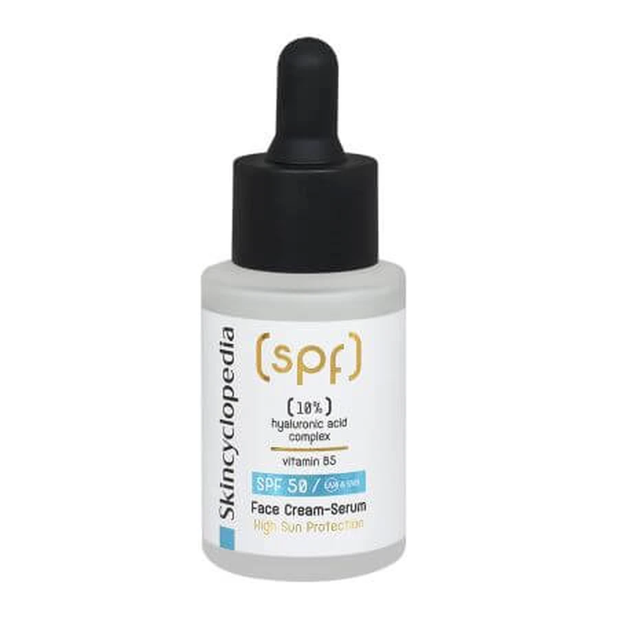 Crème sérum hydratante SPF 50 à l'acide hyaluronique et à la vitamine B5, 30 ml, Skincyclopedia