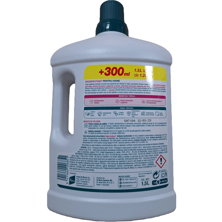 Dezinfectant pentru haine cu parfum de flori albe, 1200 + 300 ml, Sanytol