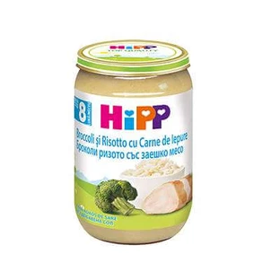 Puré de brécol, risotto y carne de conejo, +8 meses, 220 g, Hipp