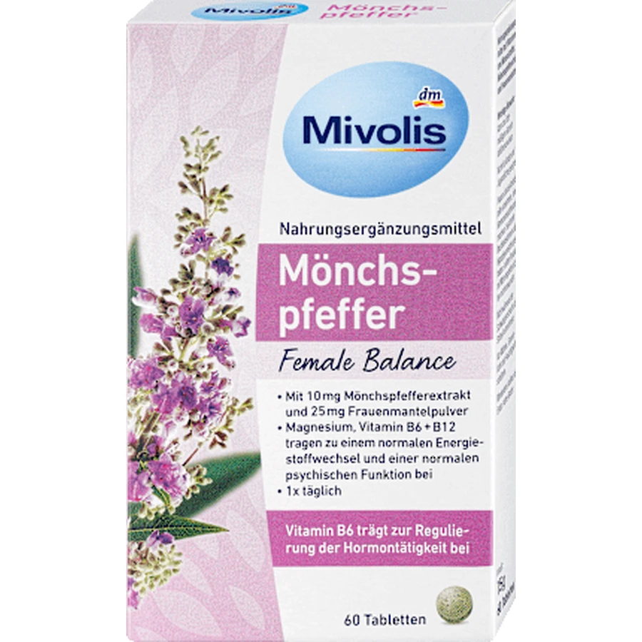 Mivolis Complément alimentaire avec vitamines et minéraux, extrait de poivre des moines et plante de l'alchémille, 60 pièces