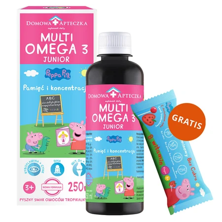 MultiOmega 3 Junior, flüssig für Kinder ab 3 Jahren, tropischer Fruchtgeschmack, 250 ml + Zuckerfreier Vitamin-Lolli Peppa Pig, Erdbeergeschmack, ab 3 Jahren, 8 g gratis