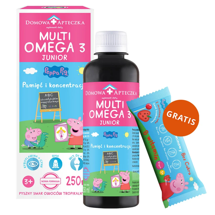 MultiOmega 3 Junior, flüssig für Kinder ab 3 Jahren, tropischer Fruchtgeschmack, 250 ml + Zuckerfreier Vitamin-Lolli Peppa Pig, Erdbeergeschmack, ab 3 Jahren, 8 g gratis