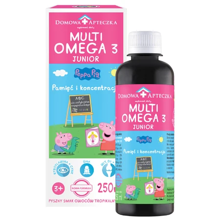 MultiOmega 3 Junior, flüssig für Kinder ab 3 Jahren, tropischer Fruchtgeschmack, 250 ml + Zuckerfreier Vitamin-Lolli Peppa Pig, Erdbeergeschmack, ab 3 Jahren, 8 g gratis