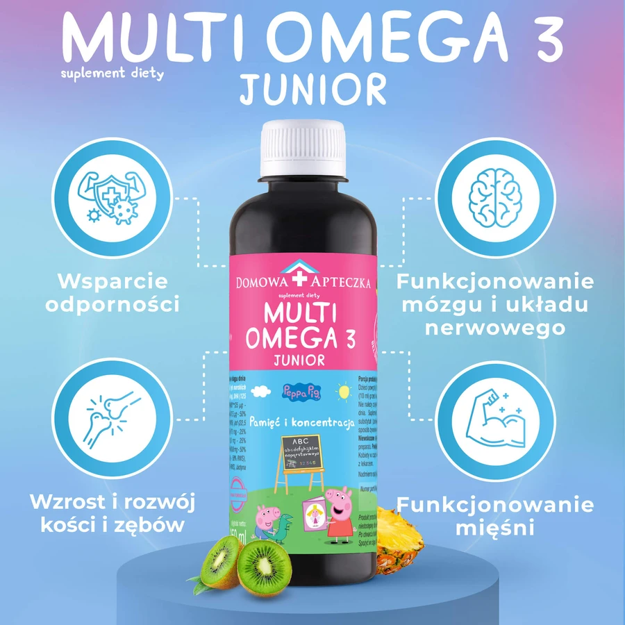 MultiOmega 3 Junior, flüssig für Kinder ab 3 Jahren, tropischer Fruchtgeschmack, 250 ml + Zuckerfreier Vitamin-Lolli Peppa Pig, Erdbeergeschmack, ab 3 Jahren, 8 g gratis