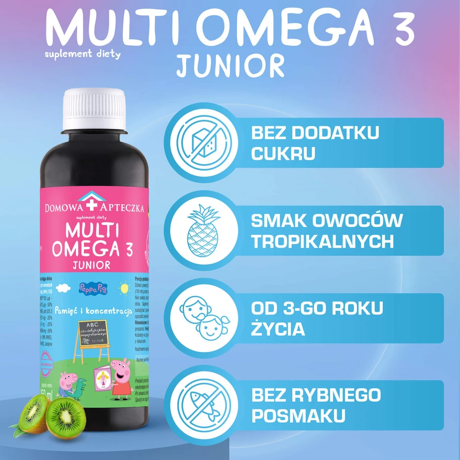 MultiOmega 3 Junior, flüssig für Kinder ab 3 Jahren, tropischer Fruchtgeschmack, 250 ml + Zuckerfreier Vitamin-Lolli Peppa Pig, Erdbeergeschmack, ab 3 Jahren, 8 g gratis