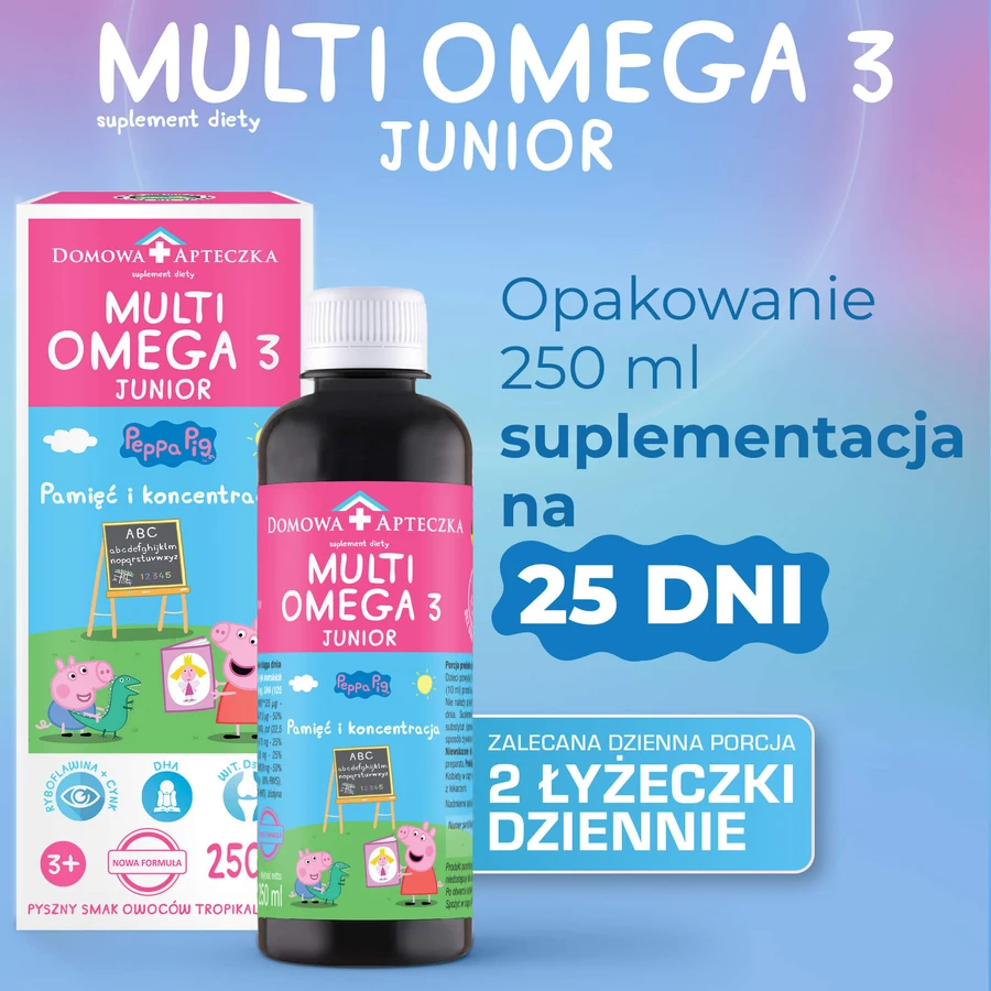 MultiOmega 3 Junior, flüssig für Kinder ab 3 Jahren, tropischer Fruchtgeschmack, 250 ml + Zuckerfreier Vitamin-Lolli Peppa Pig, Erdbeergeschmack, ab 3 Jahren, 8 g gratis