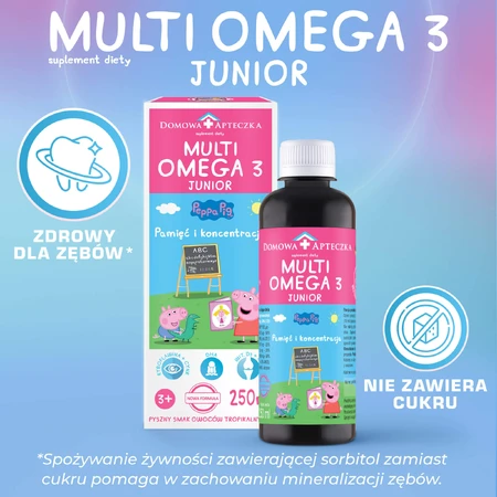 MultiOmega 3 Junior, flüssig für Kinder ab 3 Jahren, tropischer Fruchtgeschmack, 250 ml + Zuckerfreier Vitamin-Lolli Peppa Pig, Erdbeergeschmack, ab 3 Jahren, 8 g gratis