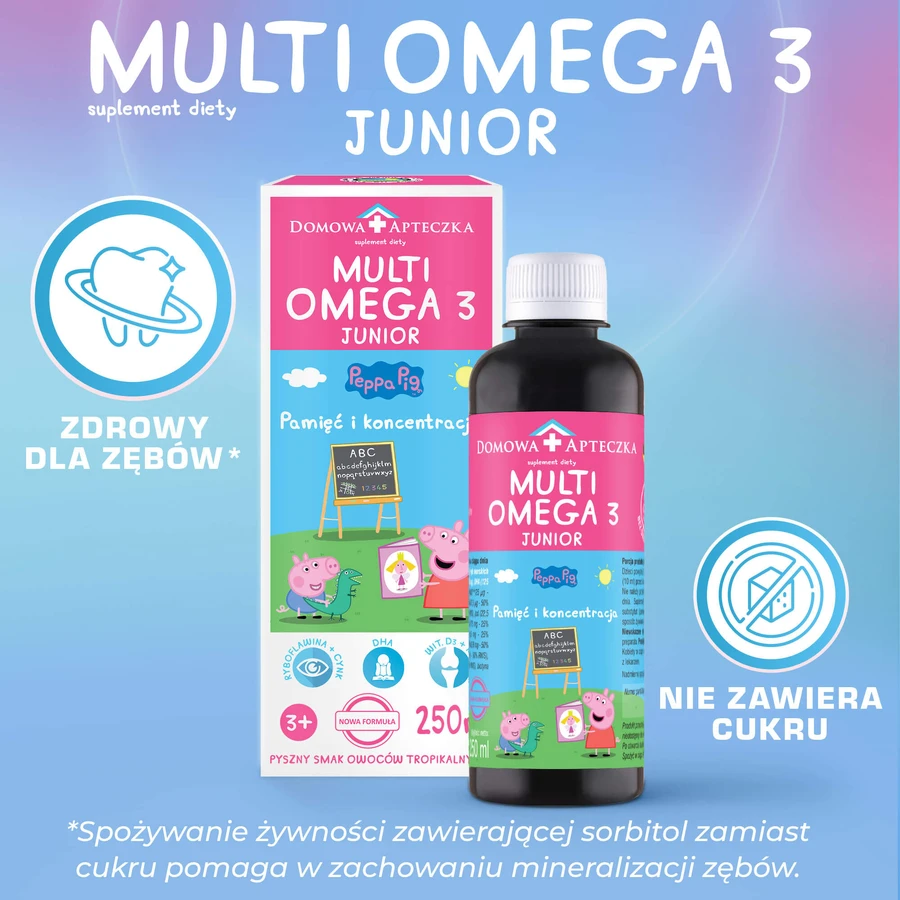 MultiOmega 3 Junior, flüssig für Kinder ab 3 Jahren, tropischer Fruchtgeschmack, 250 ml + Zuckerfreier Vitamin-Lolli Peppa Pig, Erdbeergeschmack, ab 3 Jahren, 8 g gratis