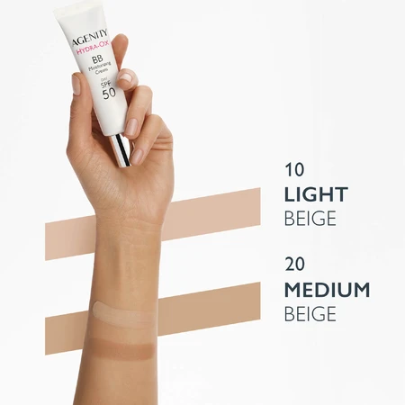 Agenity Hydra-Ox, BB cream hidratante, SPF 50, 10 beige claro, 30 ml + gel micelar limpiador, 40 ml de regalo