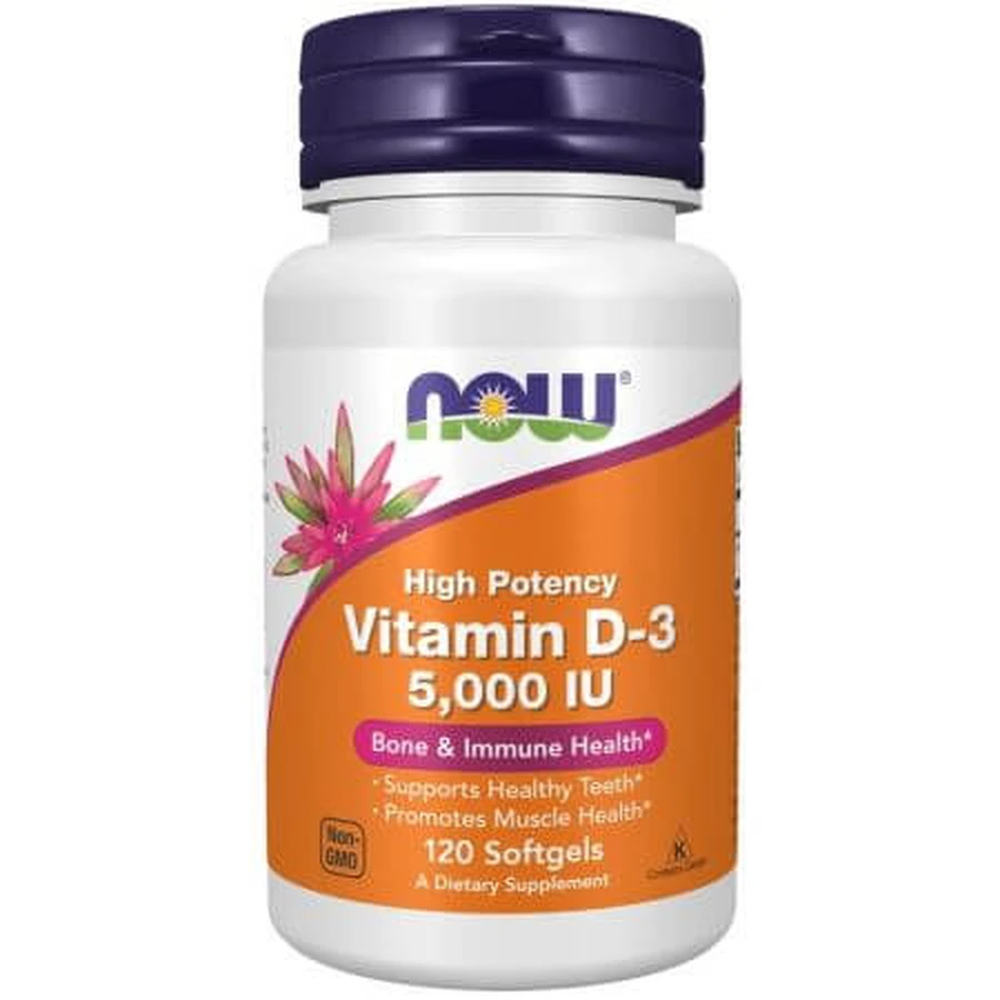 Vitamina D3, 5000 IU, 120 gelule moi, Now Foods