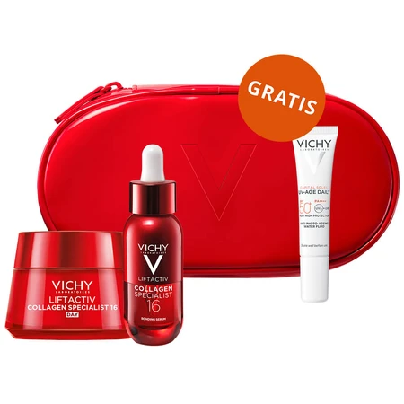 Vichy Liftactiv Collagen Specialist set, crema antiarrugas, todo tipo de piel, 50 ml + suero, 30 ml + fluido ligero SPF 50+, 15 ml + neceser de regalo