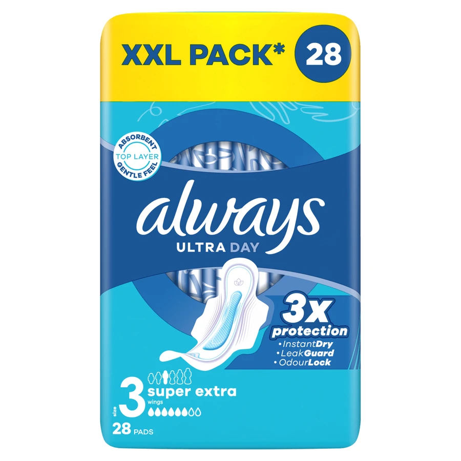 Always Ultra Day, serviettes hygiéniques avec ailettes, Super Extra, 28 pièces