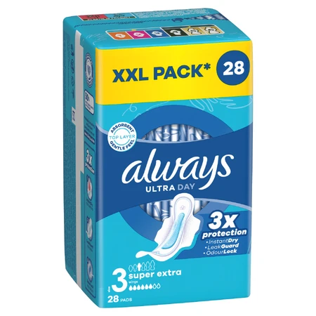 Always Ultra Day, serviettes hygiéniques avec ailettes, Super Extra, 28 pièces