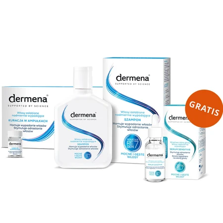 Set Dermena Hair Care, șampon de prevenire a căderii părului, 200 ml + tratament de inhibare a căderii părului, 5 ml x 15 fiole + ser de stimulare a regenerării părului, 50 ml gratuit