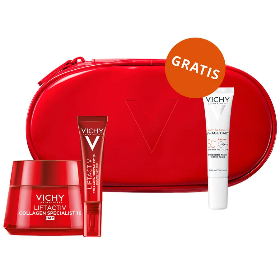 Set Vichy Liftactiv Collagen Specialist, antirimpelcrème, alle huidtypes, 50 ml + oogcrème, 15 ml + light fluid SPF 50+, 15 ml + gratis cosmetisch tasje