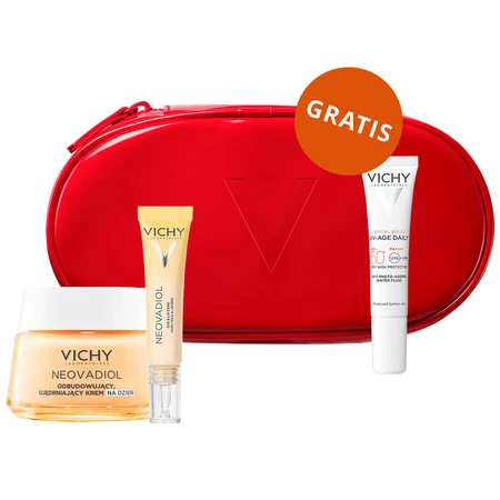 Set Vichy Neovadiol, corrigerende oog- en lippencrème, 15 ml + dagcrème, normale en gemengde huid, 50 ml + lichte fluid SPF 50+, 15 ml + cosmeticatas gratis