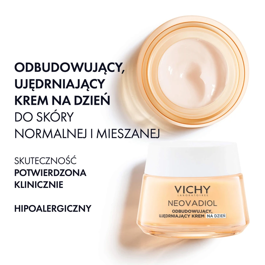 Set Vichy Neovadiol, corrigerende oog- en lippencrème, 15 ml + dagcrème, normale en gemengde huid, 50 ml + lichte fluid SPF 50+, 15 ml + cosmeticatas gratis