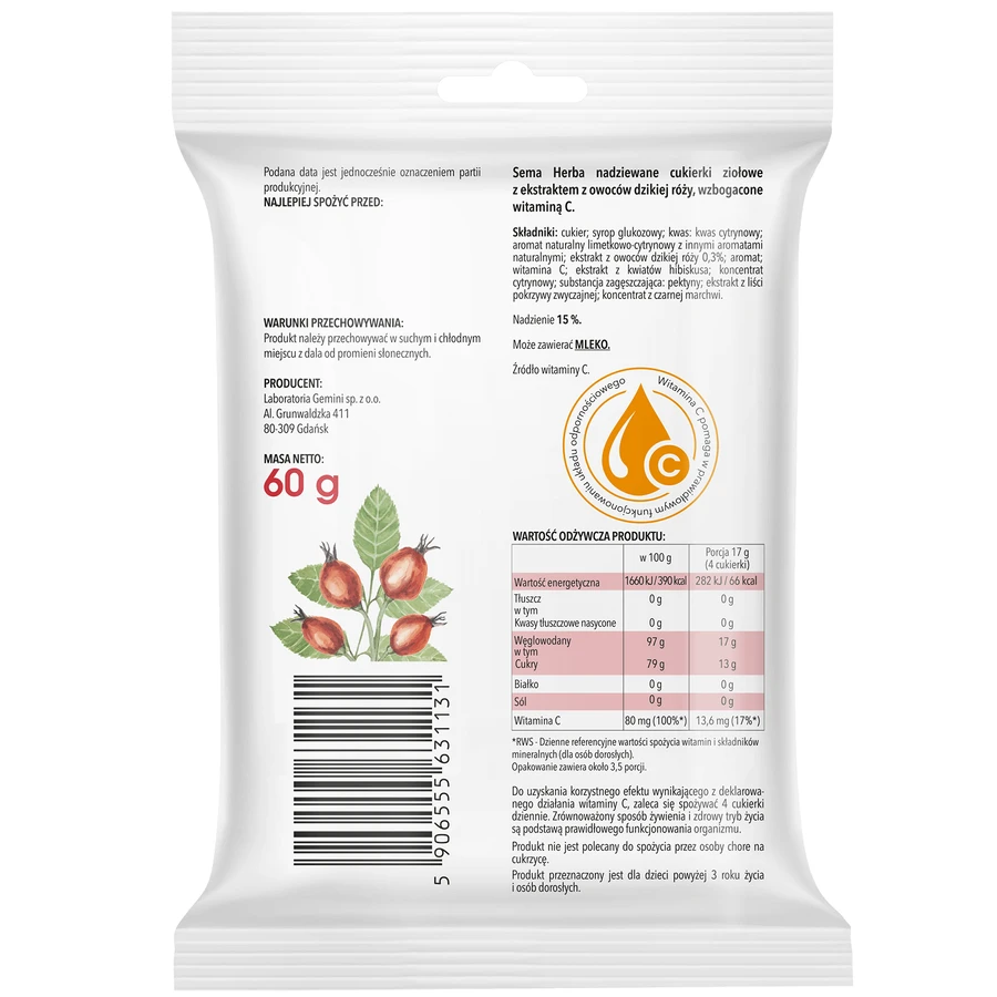 SEMA Herba Bomboane pe bază de plante cu măceșe și vitamina C, 60 g