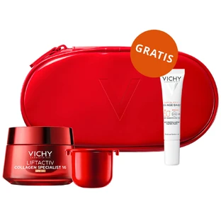 Set Vichy Liftactiv Collagen Specialist 16, Crema de día, SPF 50, 50 ml + Crema facial, Stock, 50 ml + Fluido ligero SPF 50+, 15 ml + neceser de regalo
