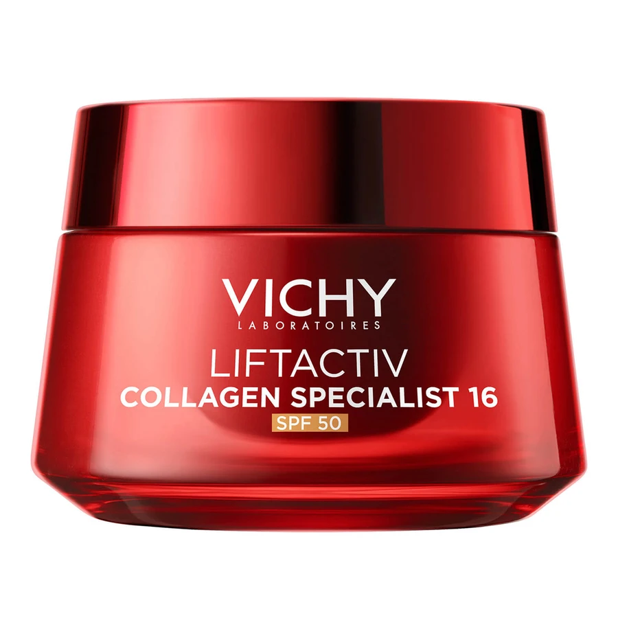 Set Vichy Liftactiv Collagen Specialist 16, Crema de día, SPF 50, 50 ml + Crema facial, Stock, 50 ml + Fluido ligero SPF 50+, 15 ml + neceser de regalo