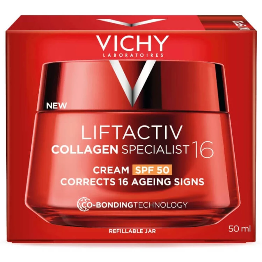 Set Vichy Liftactiv Collagen Specialist 16, Crema de día, SPF 50, 50 ml + Crema facial, Stock, 50 ml + Fluido ligero SPF 50+, 15 ml + neceser de regalo