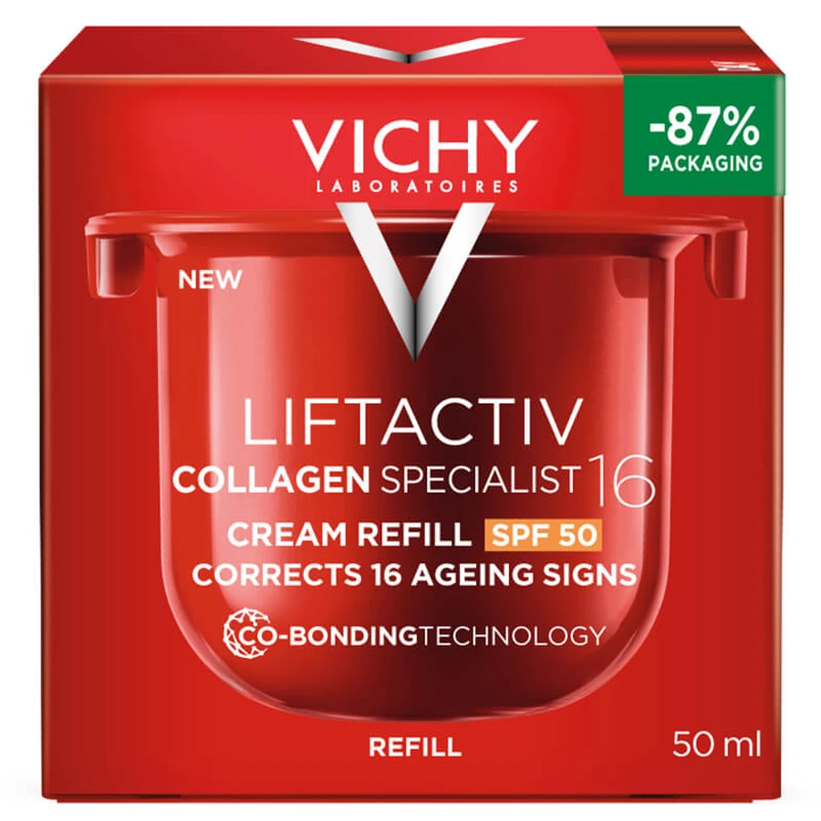 Set Vichy Liftactiv Collagen Specialist 16, Crema de día, SPF 50, 50 ml + Crema facial, Stock, 50 ml + Fluido ligero SPF 50+, 15 ml + neceser de regalo
