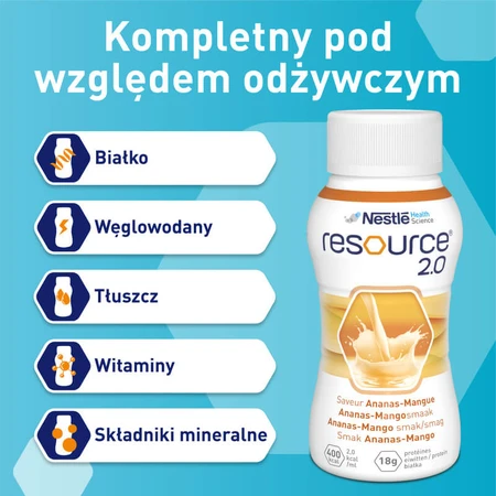 Resource 2.0 kit, nutritional formula, pineapple-mango flavor, 8 x 200 ml + strawberry flavor, 200 ml free