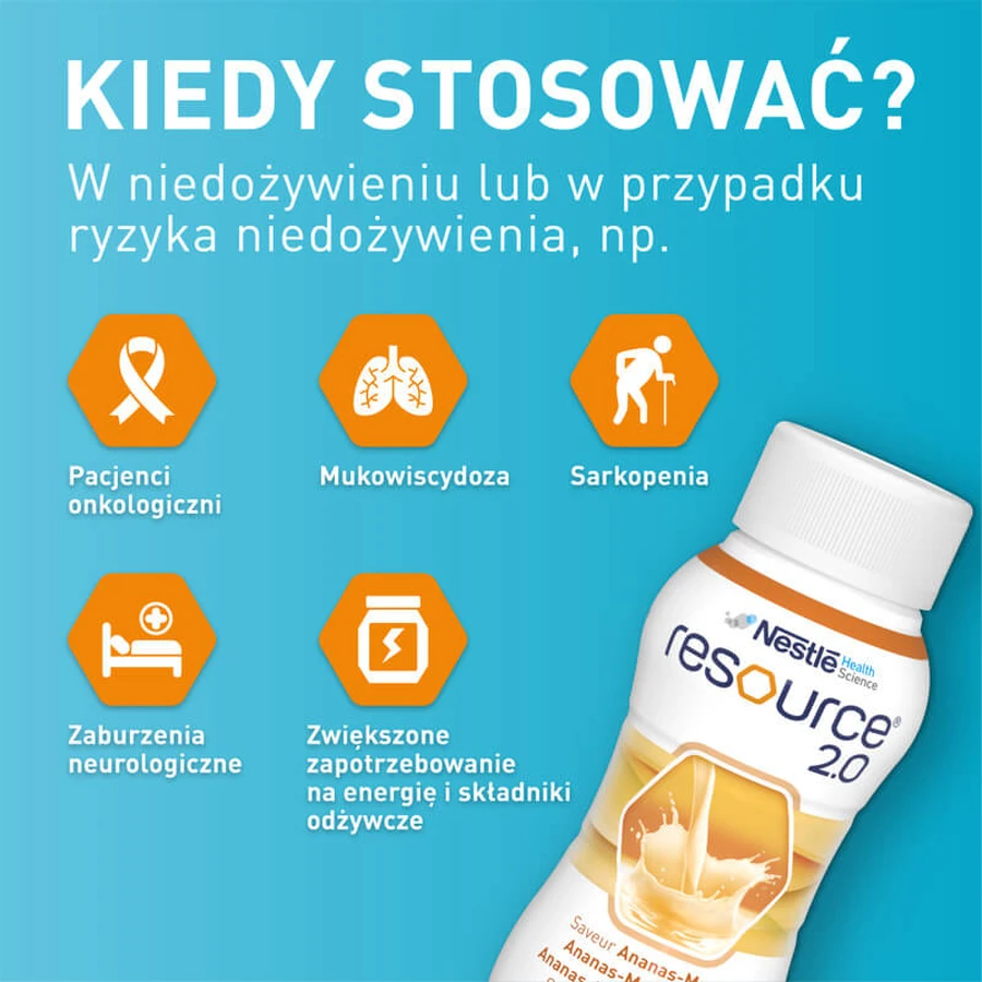 Resource 2.0 kit, nutritional formula, pineapple-mango flavor, 8 x 200 ml + strawberry flavor, 200 ml free