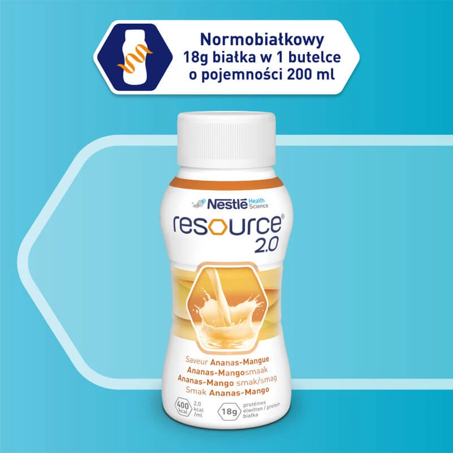 Resource 2.0 kit, nutritional formula, pineapple-mango flavor, 8 x 200 ml + strawberry flavor, 200 ml free