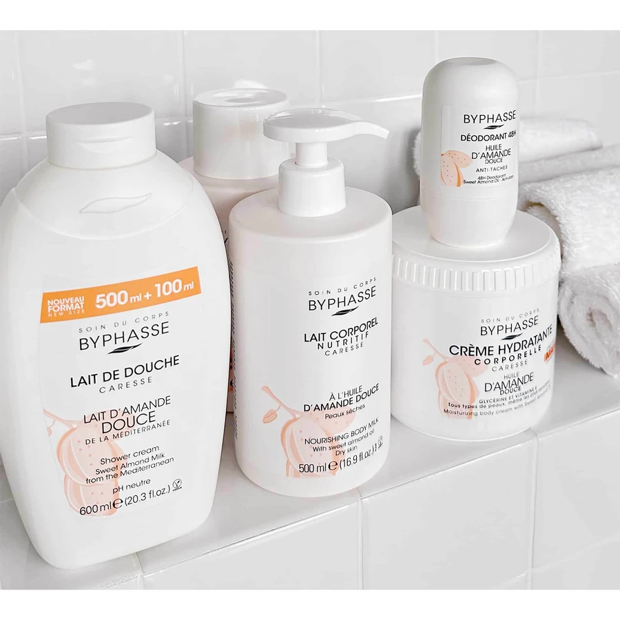 Byphasse Caresse, shower cream, sweet almond milk, 600 ml
