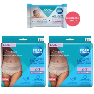 Canpol Babies set, braguitas postparto transpirables 2 en 1, con compresa, desechables, talla L/XL, 2 x 5 unidades + toallitas húmedas, 60 unidades de regalo