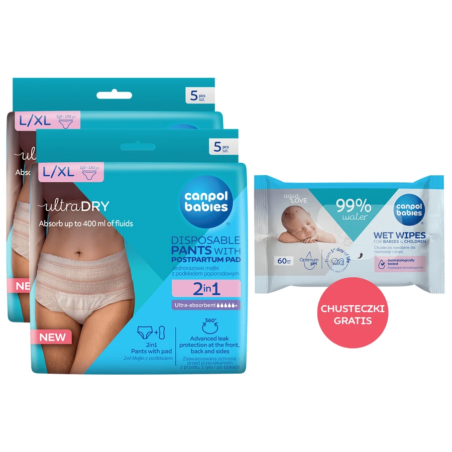 Canpol Babies set, braguitas postparto transpirables 2 en 1, con compresa, desechables, talla L/XL, 2 x 5 unidades + toallitas húmedas, 60 unidades de regalo