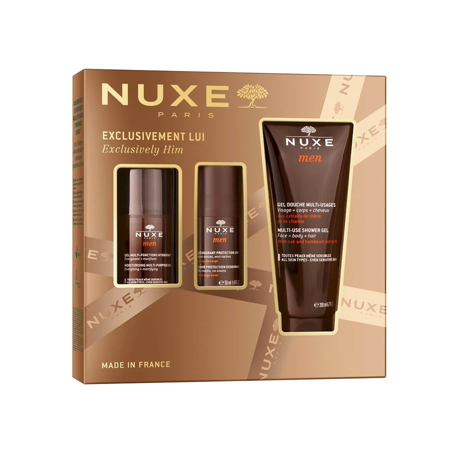 Nuxe Men Set, Feuchtigkeitsgel für das Gesicht, 50 ml + Deodorant, Roll-on, 50 ml + Duschgel, 200 ml