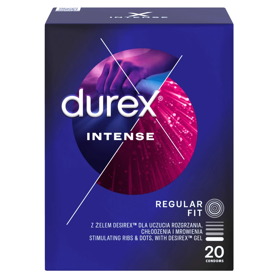 Durex Intense, condooms met stimulerende gel, geribbeld met bies, 20 stuks