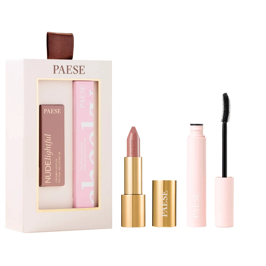 Paese Cheeky Nude Look set, Máscara de pestañas Cheeky, 9 ml + Nudelightful, Barra de labios, 400 Beige Marshmallow, 4,5 g