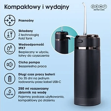 Zent Stream+, cordless dental irrigator, collapsible, navy blue, 250 ml