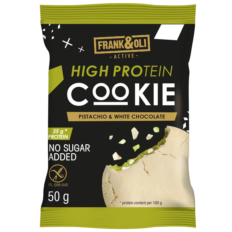 Frank&Oli High Protein, zacht eiwitkoekje, pistache en witte chocolade, 50 g