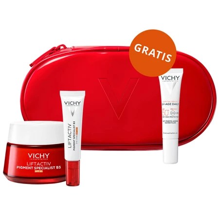 Set Vichy Liftactiv Pigment Specialist B3, Creme gegen Verfärbungen, SPF 50, 50 ml + Augencreme, 15 ml + Lichtfluid SPF 50+, 15 ml + Schminktasche gratis
