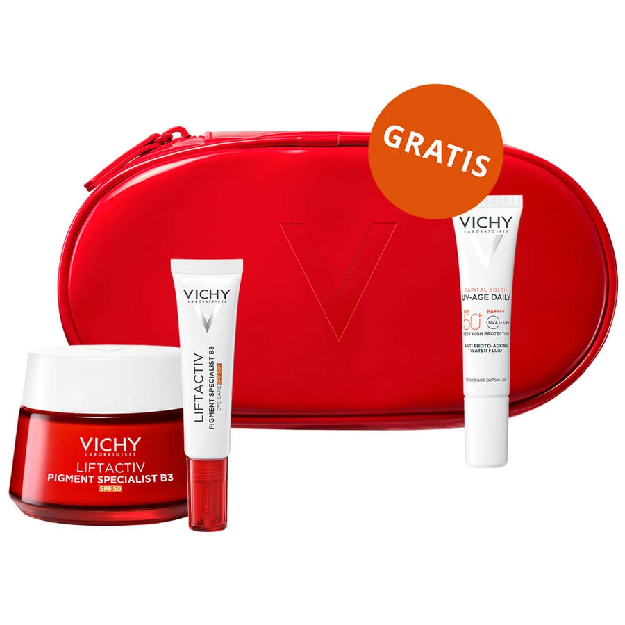 Set Vichy Liftactiv Pigment Specialist B3, Creme gegen Verfärbungen, SPF 50, 50 ml + Augencreme, 15 ml + Lichtfluid SPF 50+, 15 ml + Schminktasche gratis