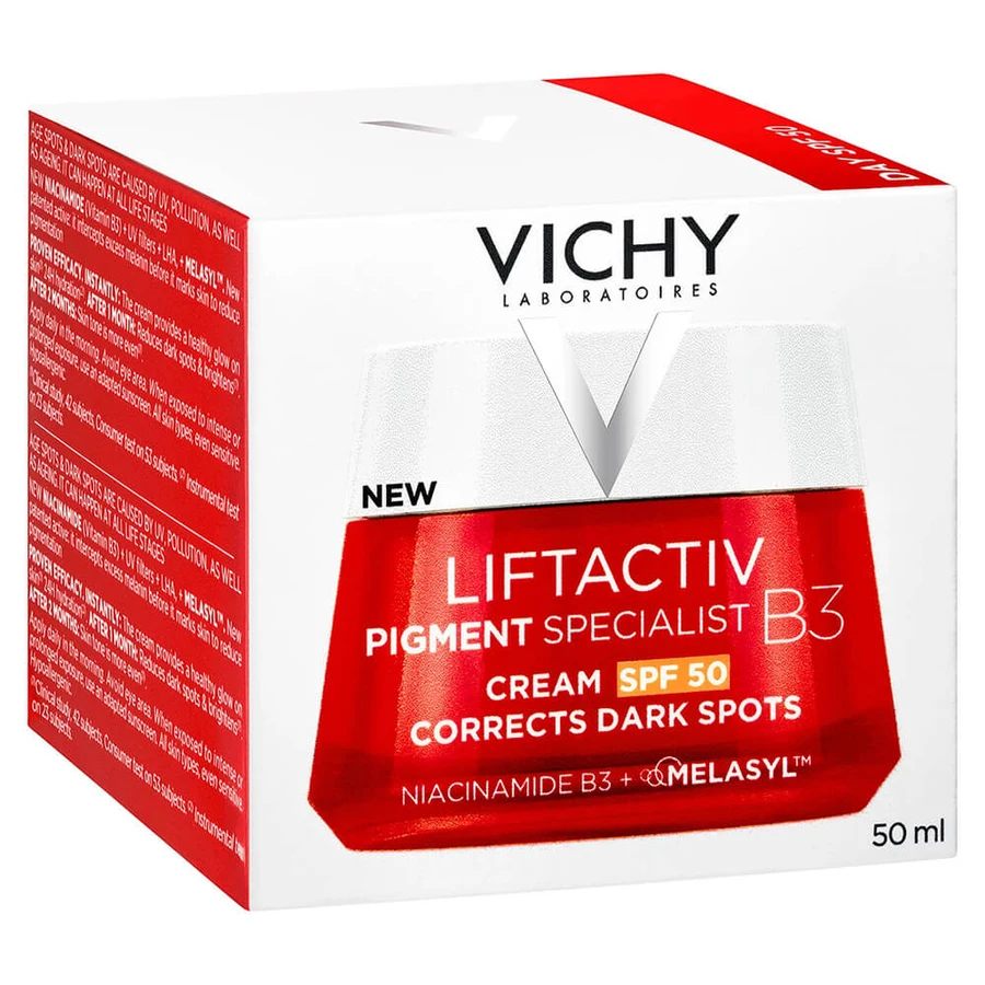 Set Vichy Liftactiv Pigment Specialist B3, Creme gegen Verfärbungen, SPF 50, 50 ml + Augencreme, 15 ml + Lichtfluid SPF 50+, 15 ml + Schminktasche gratis