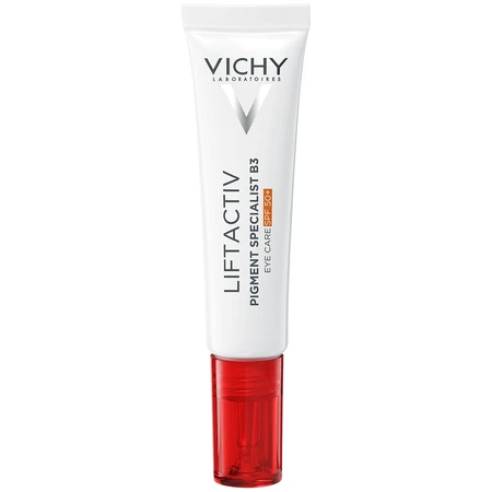 Set Vichy Liftactiv Pigment Specialist B3, Creme gegen Verfärbungen, SPF 50, 50 ml + Augencreme, 15 ml + Lichtfluid SPF 50+, 15 ml + Schminktasche gratis