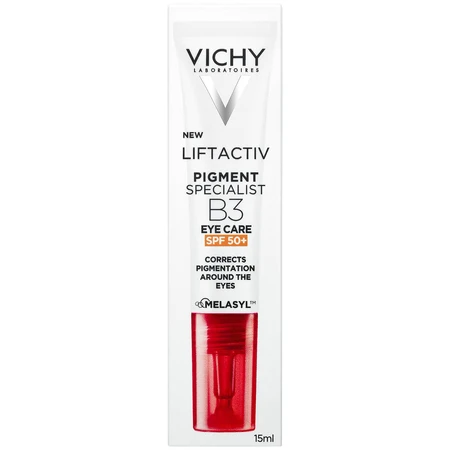 Set Vichy Liftactiv Pigment Specialist B3, Creme gegen Verfärbungen, SPF 50, 50 ml + Augencreme, 15 ml + Lichtfluid SPF 50+, 15 ml + Schminktasche gratis