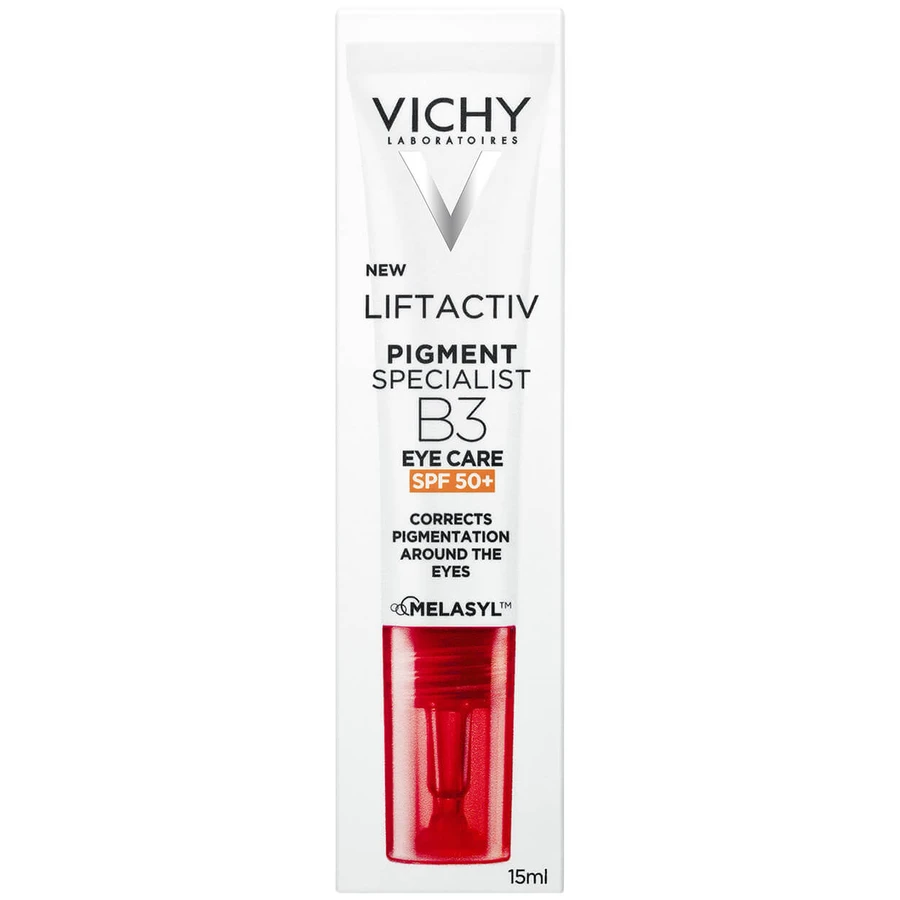 Set Vichy Liftactiv Pigment Specialist B3, Creme gegen Verfärbungen, SPF 50, 50 ml + Augencreme, 15 ml + Lichtfluid SPF 50+, 15 ml + Schminktasche gratis
