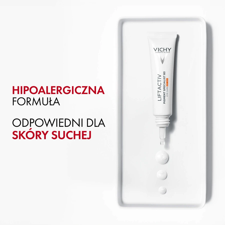 Set Vichy Liftactiv Pigment Specialist B3, Creme gegen Verfärbungen, SPF 50, 50 ml + Augencreme, 15 ml + Lichtfluid SPF 50+, 15 ml + Schminktasche gratis