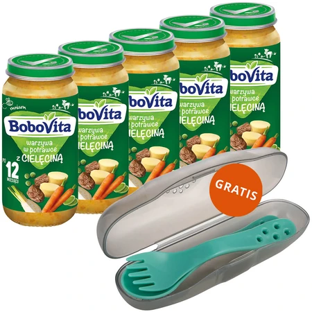 BoboVita Dinerset, groenten in een schaaltje met kalfsvlees, na 12 maanden, 5 x 250 g + Canpol, bestekset in etui, voor kinderen, gratis